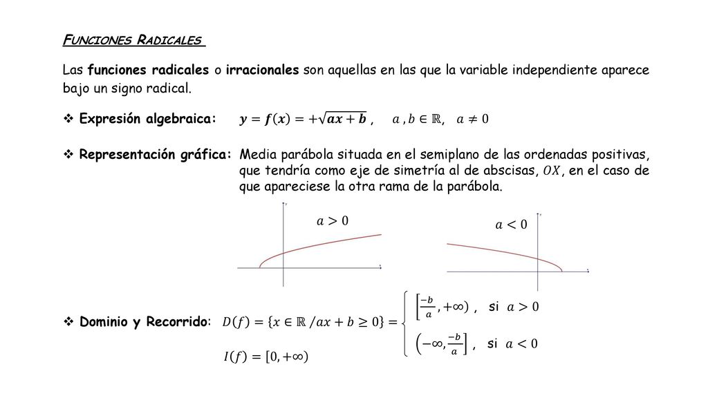 Funciones Radicales Las funciones radicales o irracionales son aquellas en las que la variable independiente aparece bajo un signo radical.