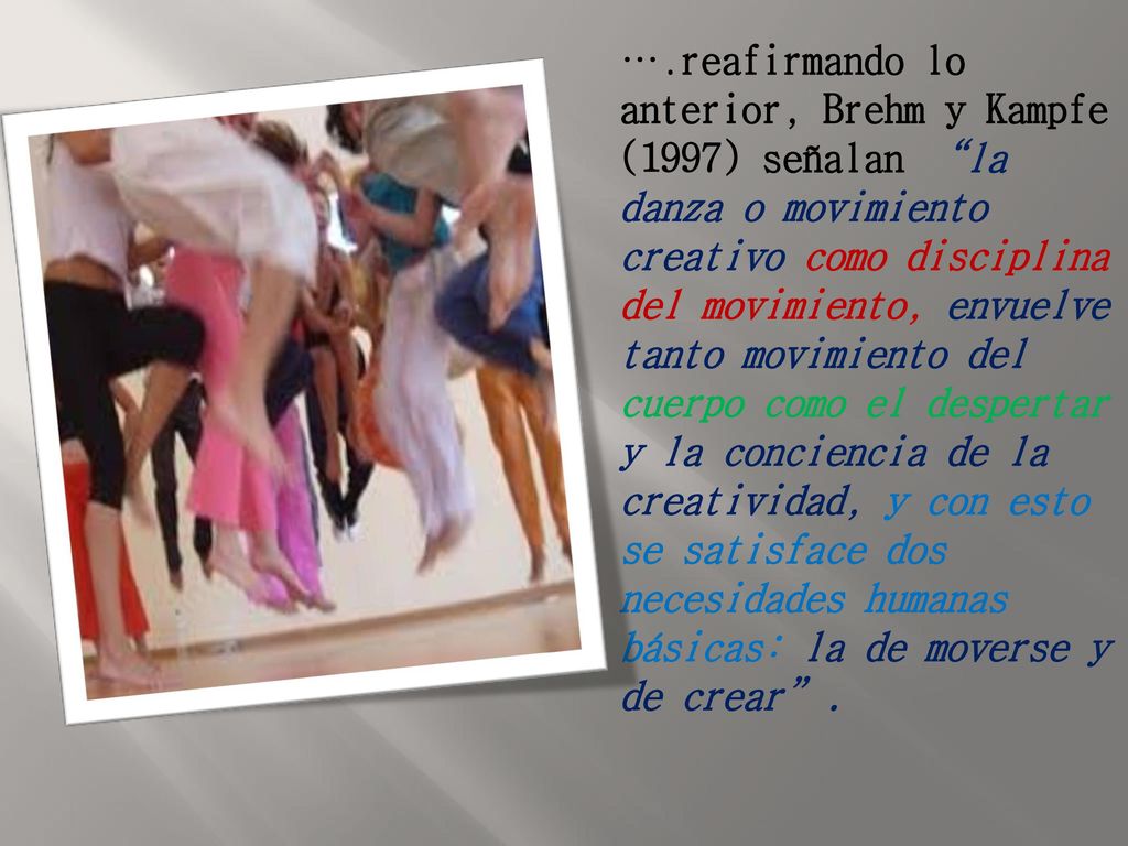 ….reafirmando lo anterior, Brehm y Kampfe (1997) señalan la danza o movimiento creativo como disciplina del movimiento, envuelve tanto movimiento del cuerpo como el despertar y la conciencia de la creatividad, y con esto se satisface dos necesidades humanas básicas: la de moverse y de crear .