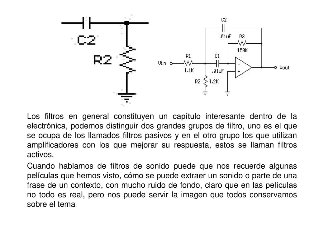 Los filtros en general constituyen un capítulo interesante dentro de la electrónica, podemos distinguir dos grandes grupos de filtro, uno es el que se ocupa de los llamados filtros pasivos y en el otro grupo los que utilizan amplificadores con los que mejorar su respuesta, estos se llaman filtros activos.