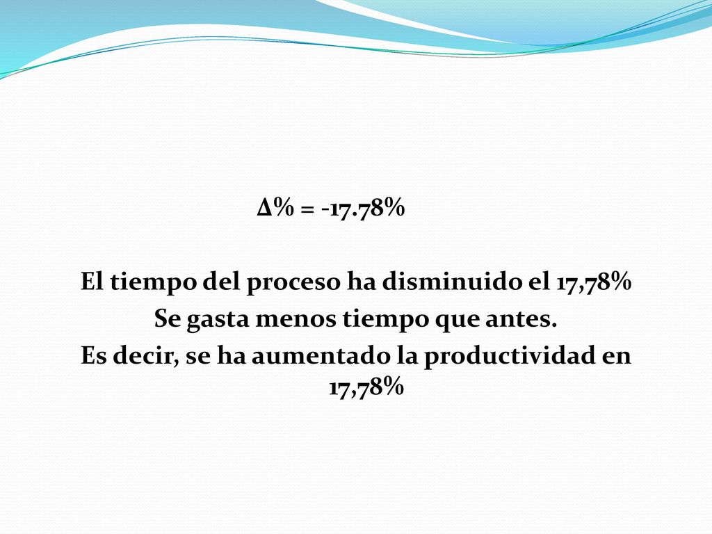 Δ% = % El tiempo del proceso ha disminuido el 17,78% Se gasta menos tiempo que antes.
