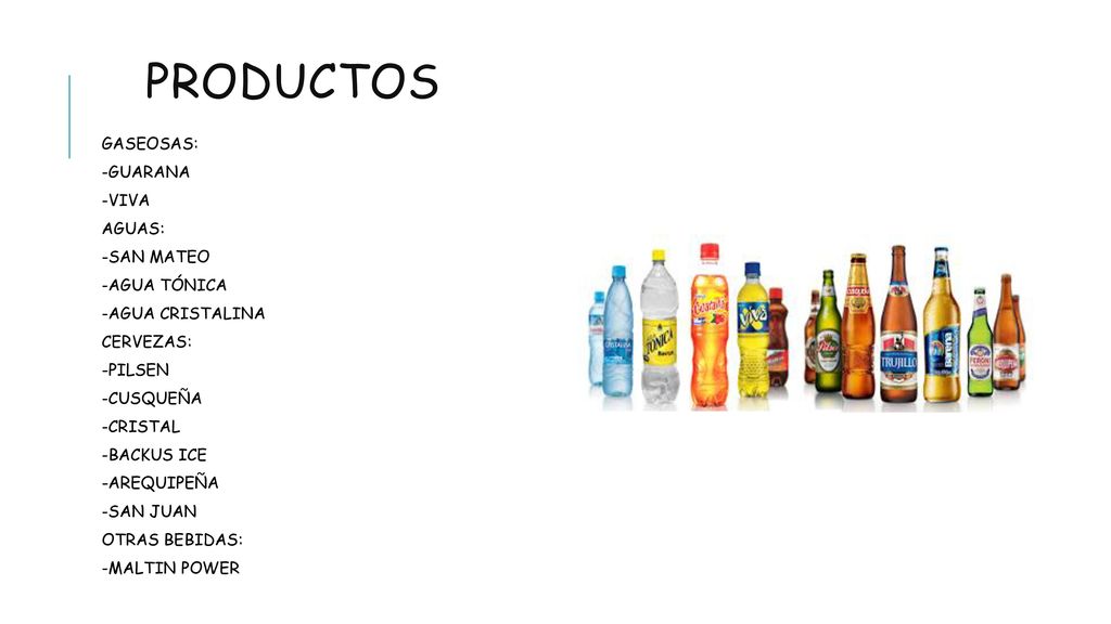 PRODUCTOS GASEOSAS: -GUARANA -VIVA AGUAS: -SAN MATEO -AGUA TÓNICA