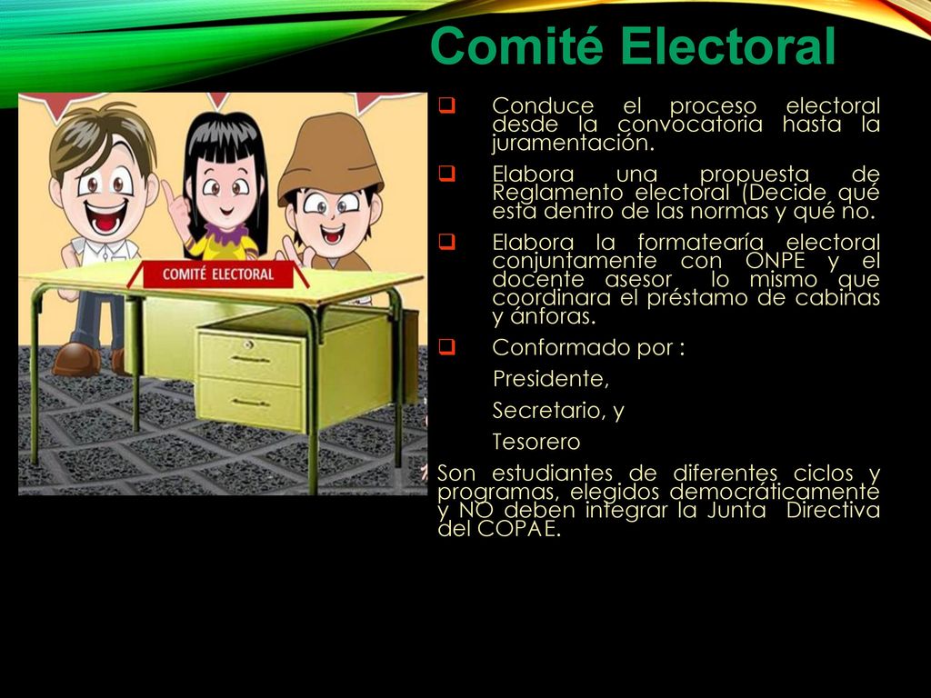 Comité Electoral Conduce el proceso electoral desde la convocatoria hasta la juramentación.