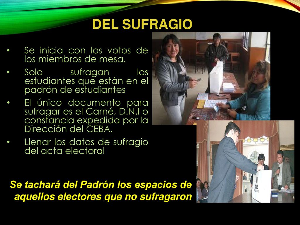 DEL SUFRAGIO Se inicia con los votos de los miembros de mesa. Solo sufragan los estudiantes que están en el padrón de estudiantes.