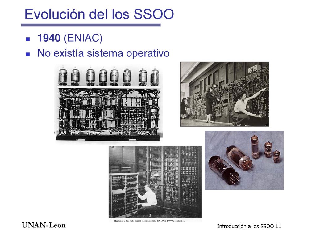 Evolución del los SSOO 1940 (ENIAC) No existía sistema operativo