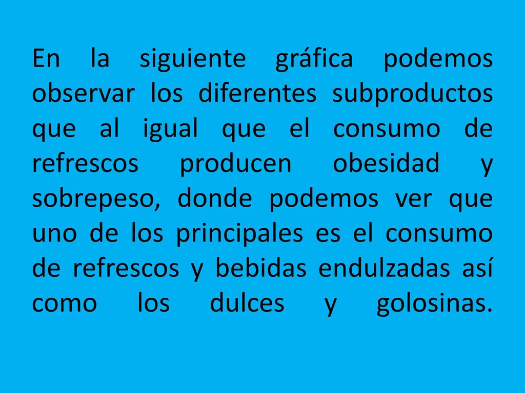 En la siguiente gráfica podemos observar los diferentes subproductos que al igual que el consumo de refrescos producen obesidad y sobrepeso, donde podemos ver que uno de los principales es el consumo de refrescos y bebidas endulzadas así como los dulces y golosinas.