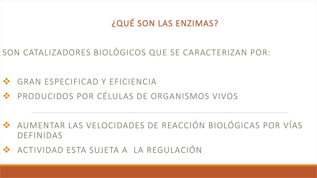 ¿Qué son las enzimas Son catalizadores biológicos que se caracterizan por: Gran especificad y eficiencia.