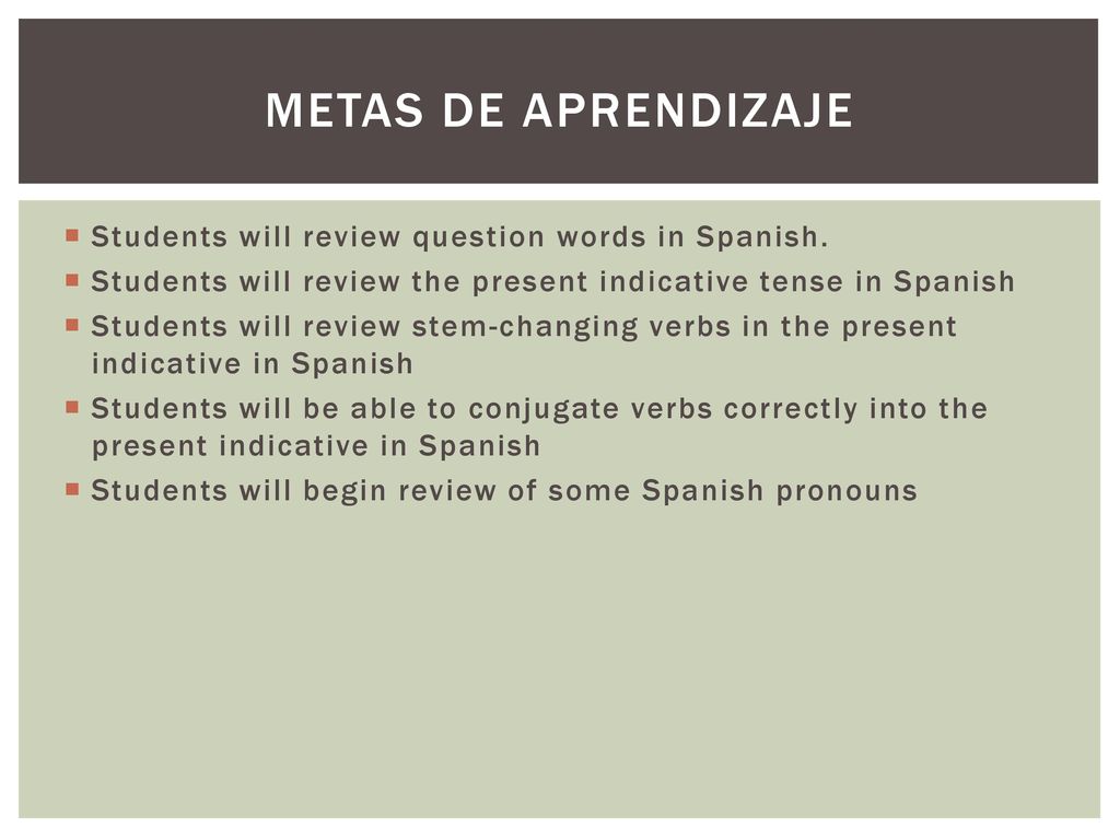 Metas de Aprendizaje Students will review question words in Spanish.
