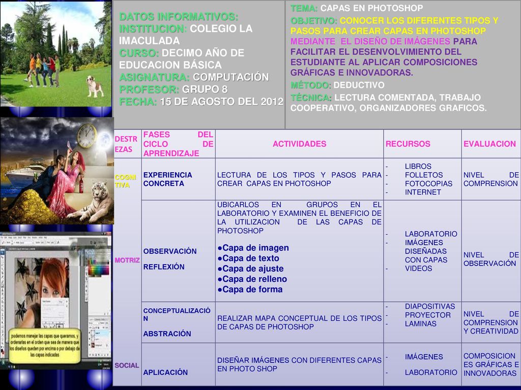 DATOS INFORMATIVOS: INSTITUCION: COLEGIO LA IMACULADA CURSO: DECIMO AÑO DE EDUCACION BÁSICA ASIGNATURA: COMPUTACIÓN PROFESOR: GRUPO 8 FECHA: 15 DE AGOSTO DEL 2012