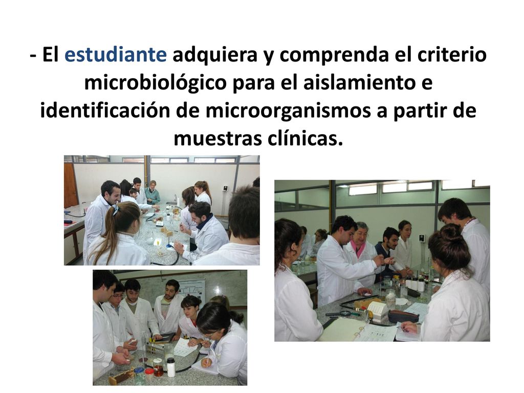 - El estudiante adquiera y comprenda el criterio microbiológico para el aislamiento e identificación de microorganismos a partir de muestras clínicas.