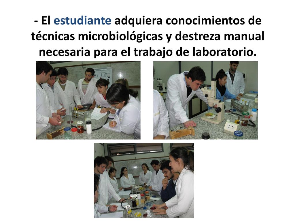 - El estudiante adquiera conocimientos de técnicas microbiológicas y destreza manual necesaria para el trabajo de laboratorio.