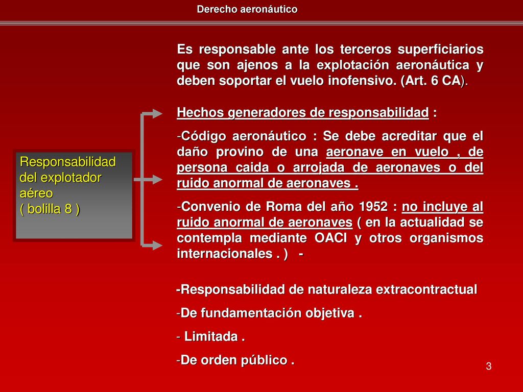 Es responsable ante los terceros superficiarios que son ajenos a la explotación aeronáutica y deben soportar el vuelo inofensivo. (Art. 6 CA).