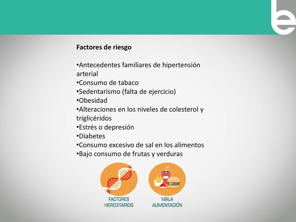 Factores de riesgo Antecedentes familiares de hipertensión arterial. Consumo de tabaco. Sedentarismo (falta de ejercicio)