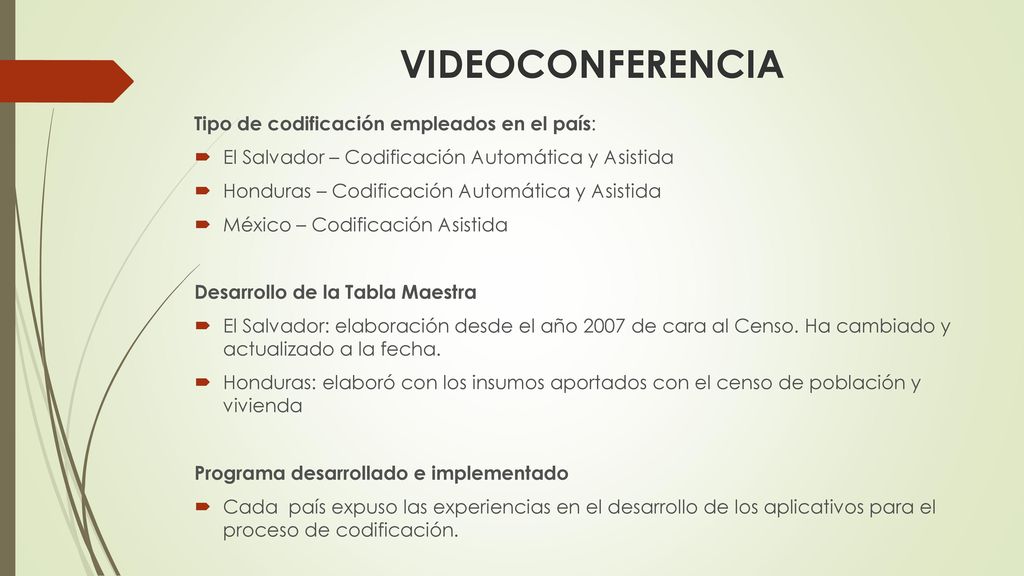 VIDEOCONFERENCIA Tipo de codificación empleados en el país: