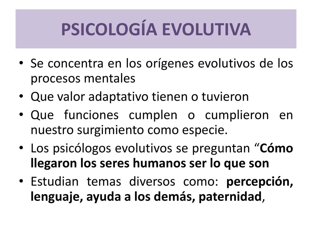 PSICOLOGÍA EVOLUTIVA Se concentra en los orígenes evolutivos de los procesos mentales. Que valor adaptativo tienen o tuvieron.