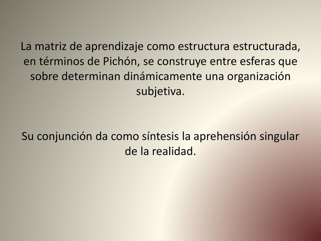 La matriz de aprendizaje como estructura estructurada, en términos de Pichón, se construye entre esferas que sobre determinan dinámicamente una organización subjetiva.