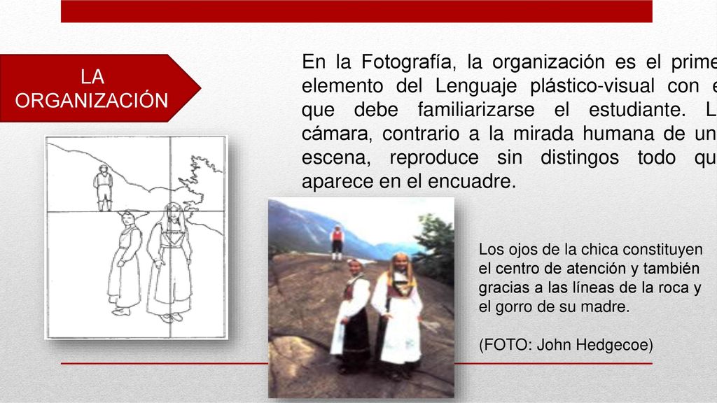 En la Fotografía, la organización es el primer elemento del Lenguaje plástico-visual con el que debe familiarizarse el estudiante. La cámara, contrario a la mirada humana de una escena, reproduce sin distingos todo que aparece en el encuadre.