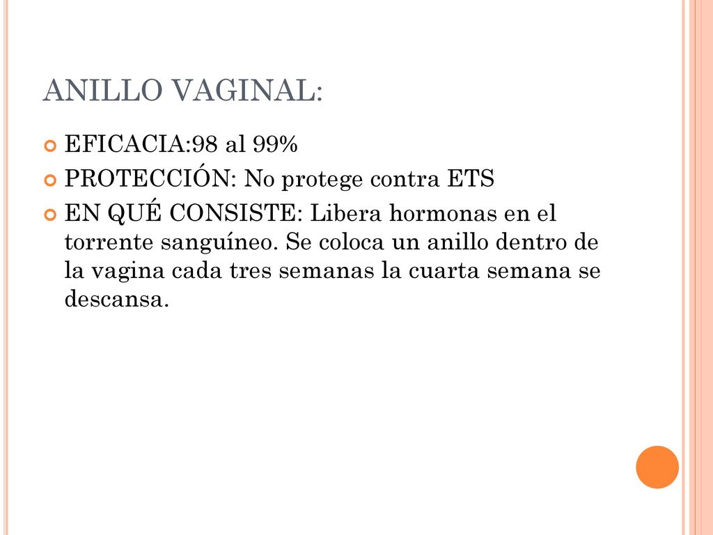 ANILLO VAGINAL: EFICACIA:98 al 99% PROTECCIÓN: No protege contra ETS