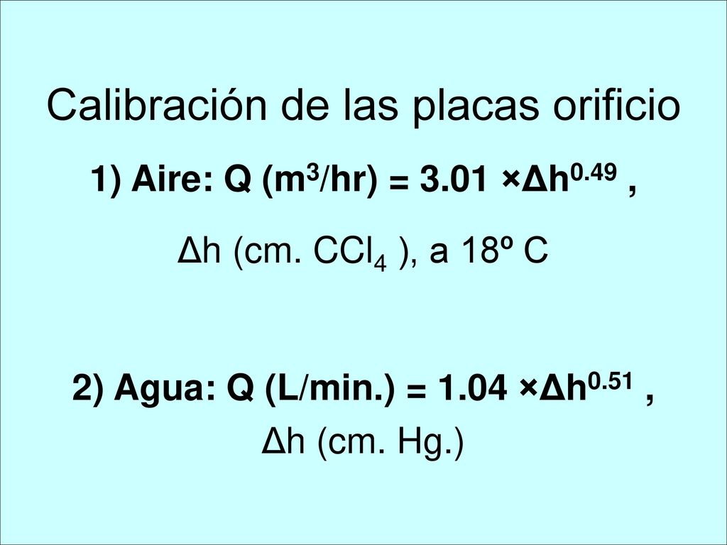 Calibración de las placas orificio 1) Aire: Q (m3/hr) = ×Δh0