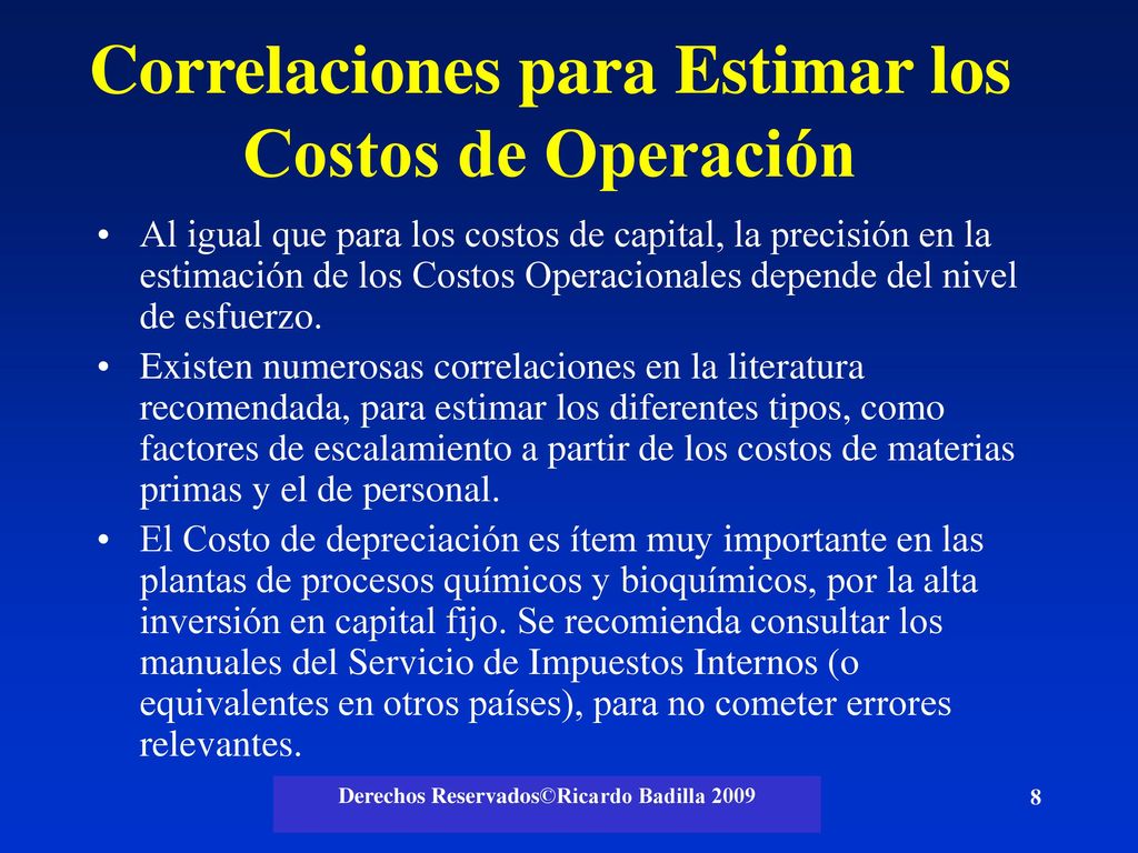 Correlaciones para Estimar los Costos de Operación