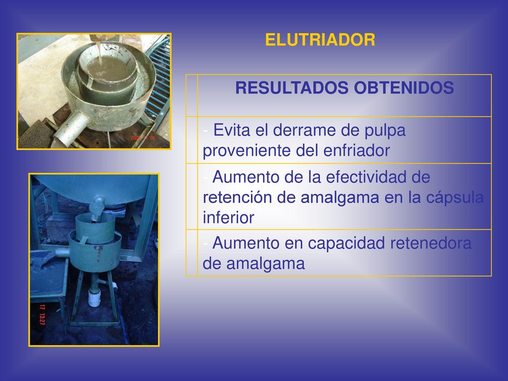 ELUTRIADOR RESULTADOS OBTENIDOS. - Evita el derrame de pulpa proveniente del enfriador.