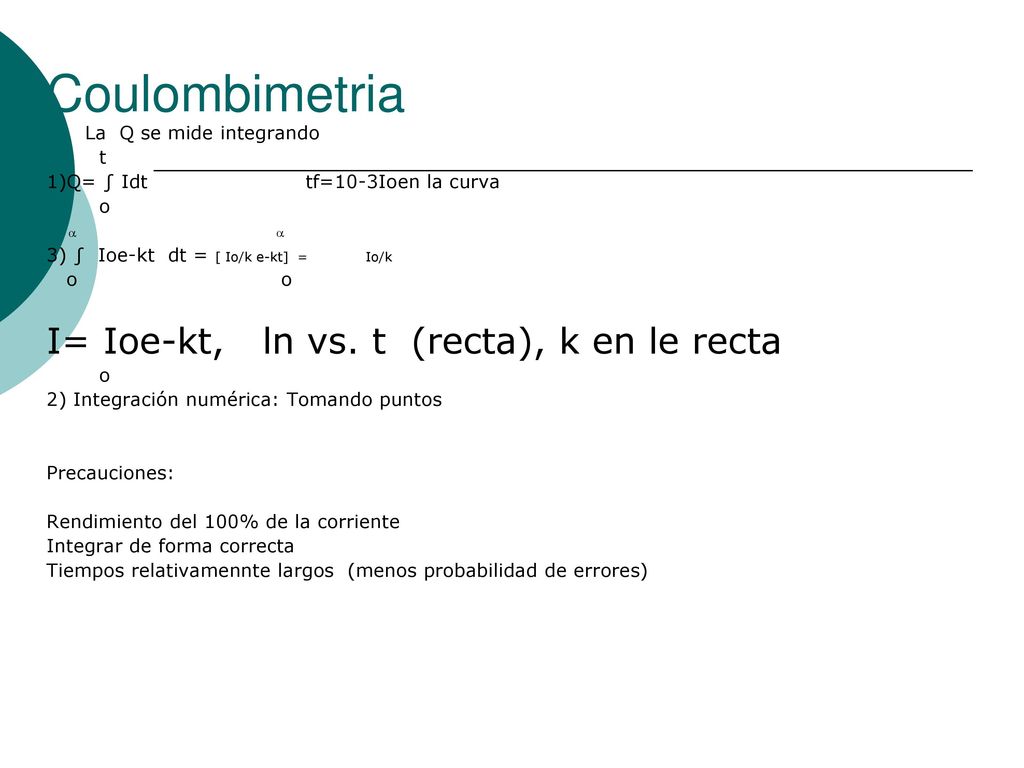 Coulombimetria I= Ioe-kt, ln vs. t (recta), k en le recta