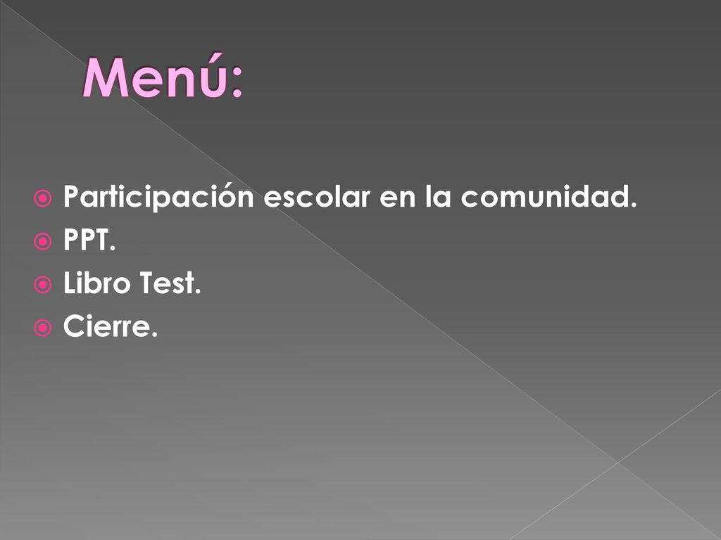 Menú: Participación escolar en la comunidad. PPT. Libro Test. Cierre.