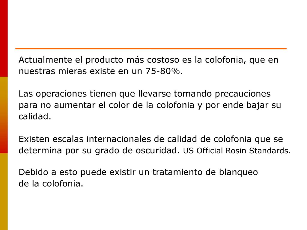 Actualmente el producto más costoso es la colofonia, que en