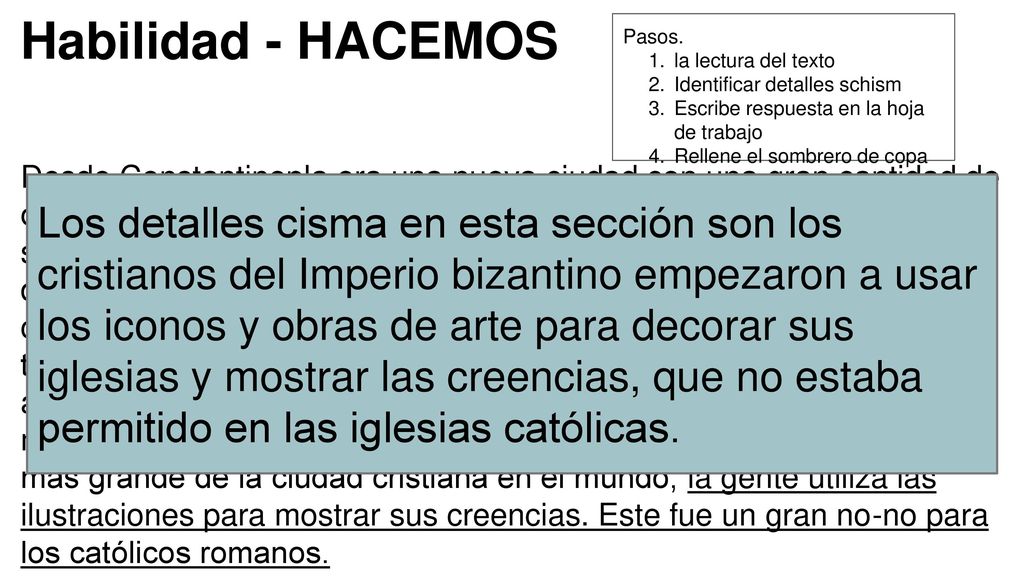 Habilidad - HACEMOS Pasos. la lectura del texto. Identificar detalles schism. Escribe respuesta en la hoja de trabajo.