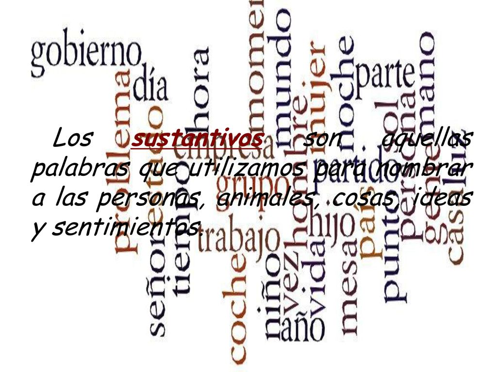 Los sustantivos son aquellas palabras que utilizamos para nombrar a las personas, animales, cosas, ideas y sentimientos.