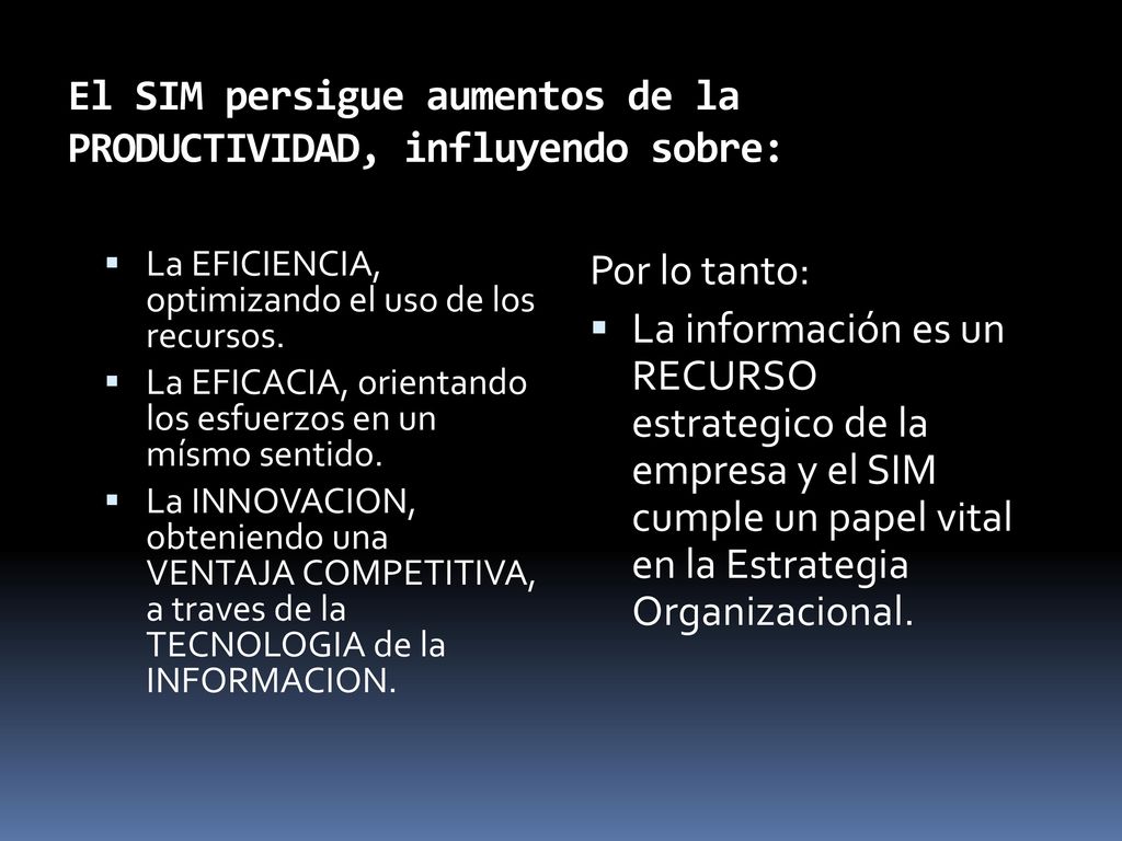 El SIM persigue aumentos de la PRODUCTIVIDAD, influyendo sobre: