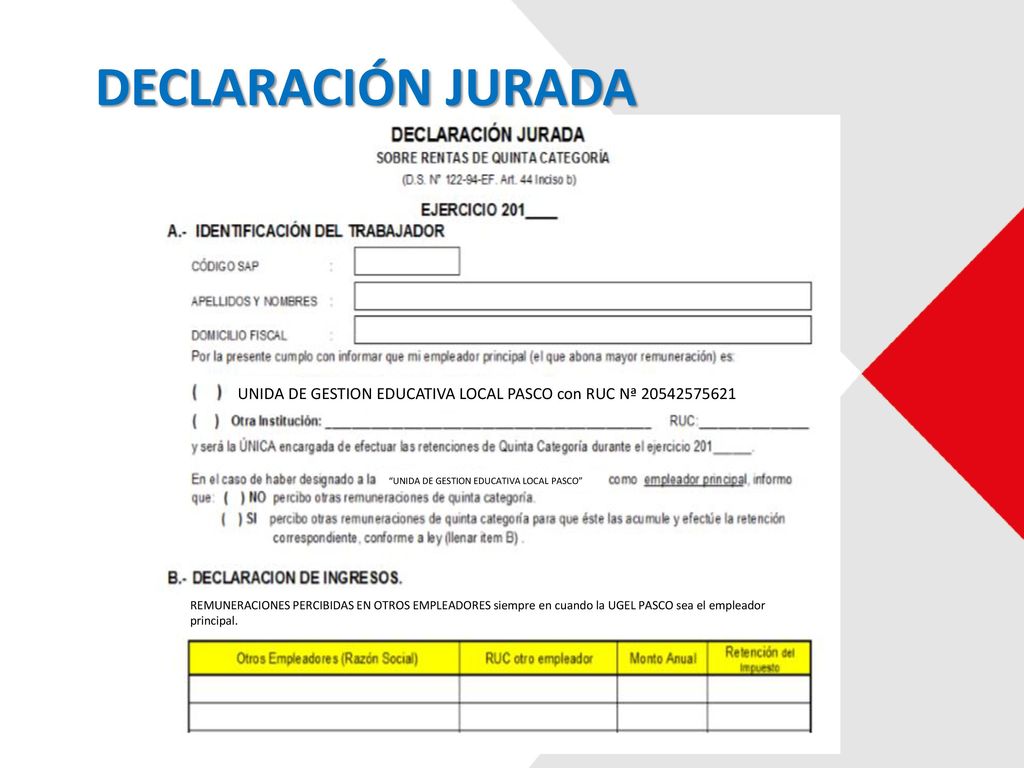 DECLARACIÓN JURADA UNIDA DE GESTION EDUCATIVA LOCAL PASCO con RUC Nª