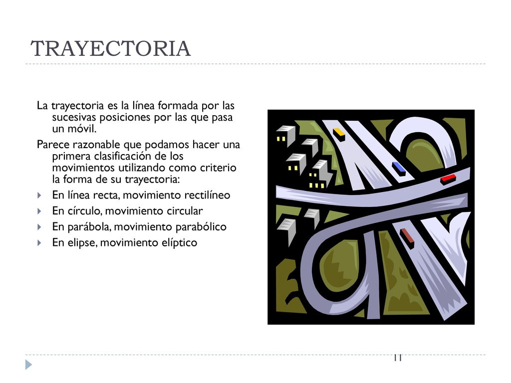 TRAYECTORIA La trayectoria es la línea formada por las sucesivas posiciones por las que pasa un móvil.