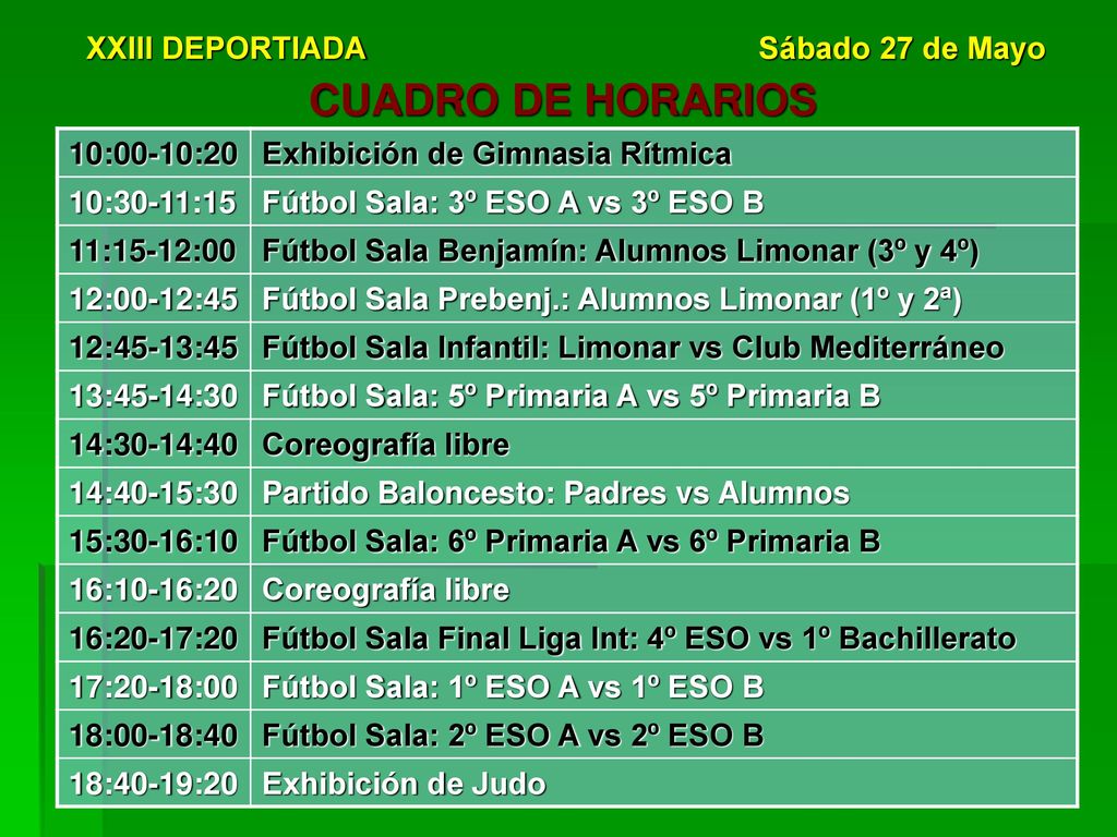 CUADRO DE HORARIOS XXIII DEPORTIADA Sábado 27 de Mayo 10:00-10:20