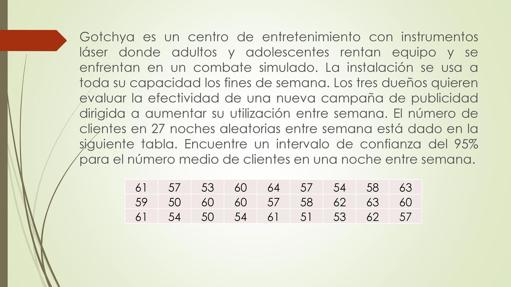 Gotchya es un centro de entretenimiento con instrumentos láser donde adultos y adolescentes rentan equipo y se enfrentan en un combate simulado. La instalación se usa a toda su capacidad los fines de semana. Los tres dueños quieren evaluar la efectividad de una nueva campaña de publicidad dirigida a aumentar su utilización entre semana. El número de clientes en 27 noches aleatorias entre semana está dado en la siguiente tabla. Encuentre un intervalo de confianza del 95% para el número medio de clientes en una noche entre semana.