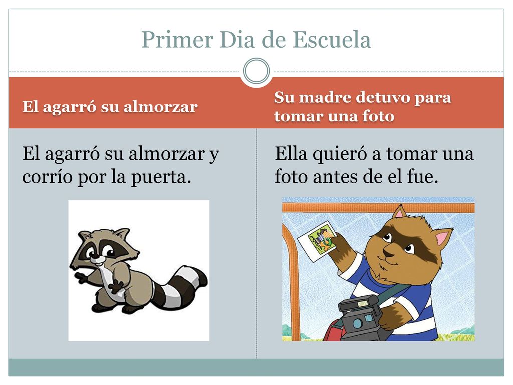 Primer Dia de Escuela El agarró su almorzar y corrío por la puerta.