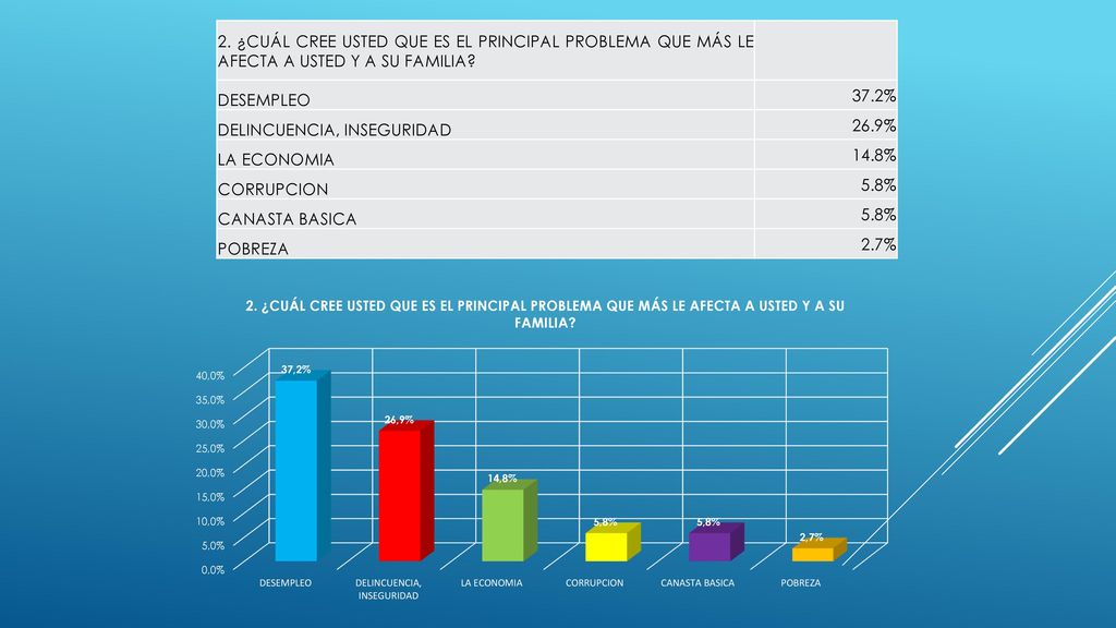 2. ¿CUÁL CREE USTED QUE ES EL PRINCIPAL PROBLEMA QUE MÁS LE AFECTA A USTED Y A SU FAMILIA