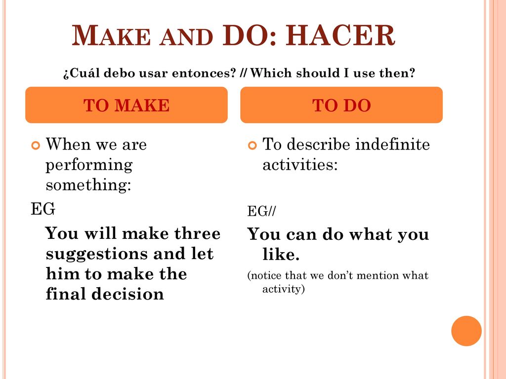 Make and DO: HACER TO MAKE TO DO When we are performing something: EG