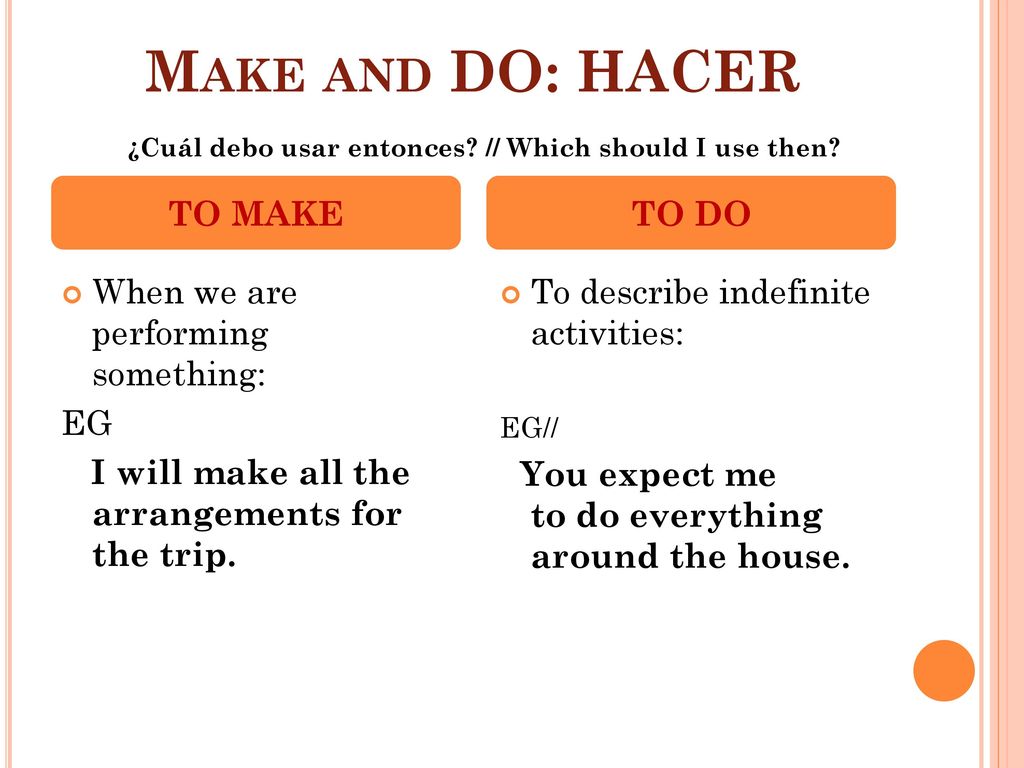Make and DO: HACER TO MAKE TO DO When we are performing something: EG
