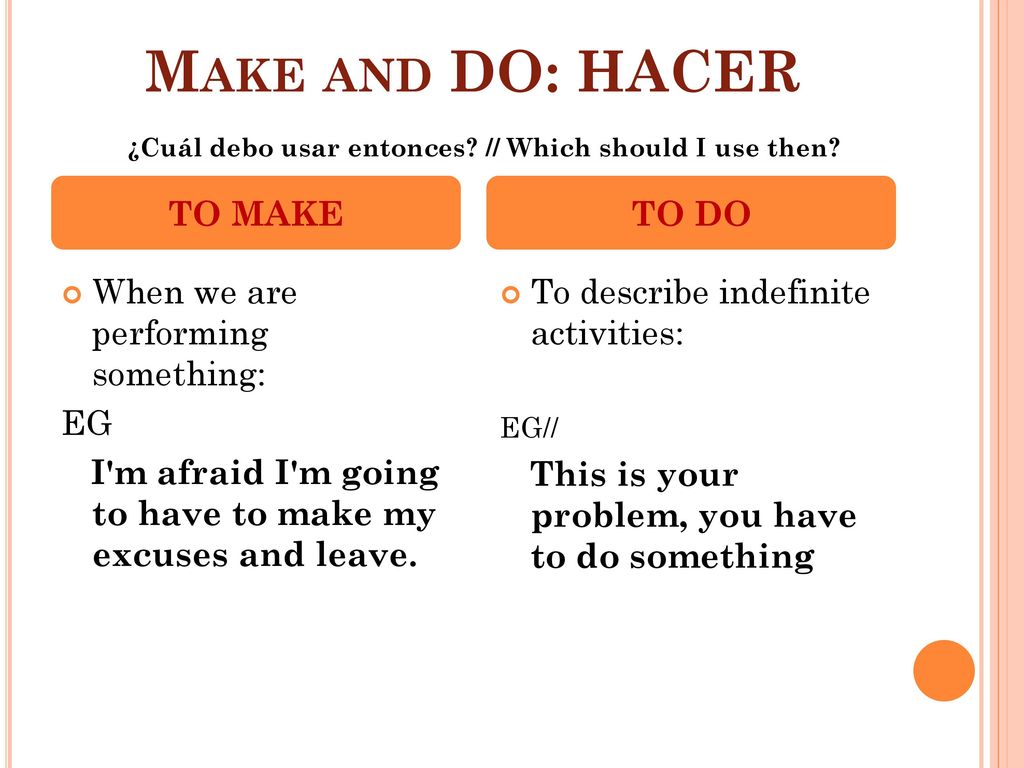 Make and DO: HACER TO MAKE TO DO When we are performing something: EG