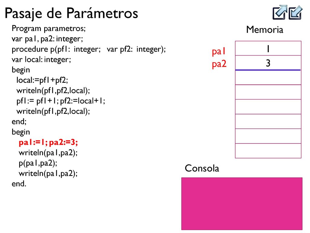 Memoria 1 pa1 pa2 3 Consola Program parametros; var pa1, pa2: integer;