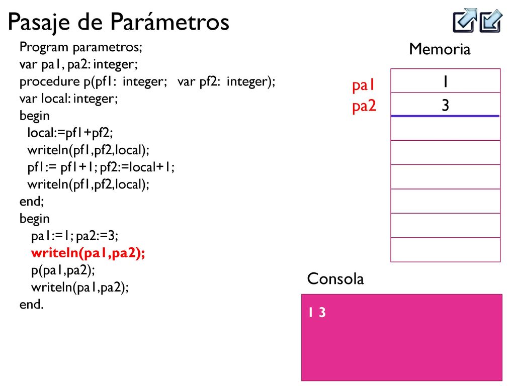 Memoria 1 pa1 pa2 3 Consola Program parametros; var pa1, pa2: integer;