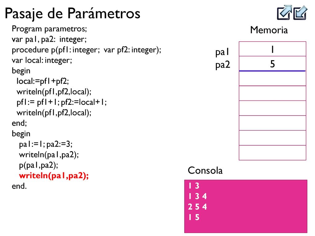 Memoria 1 pa1 pa2 5 Consola Program parametros; var pa1, pa2: integer;