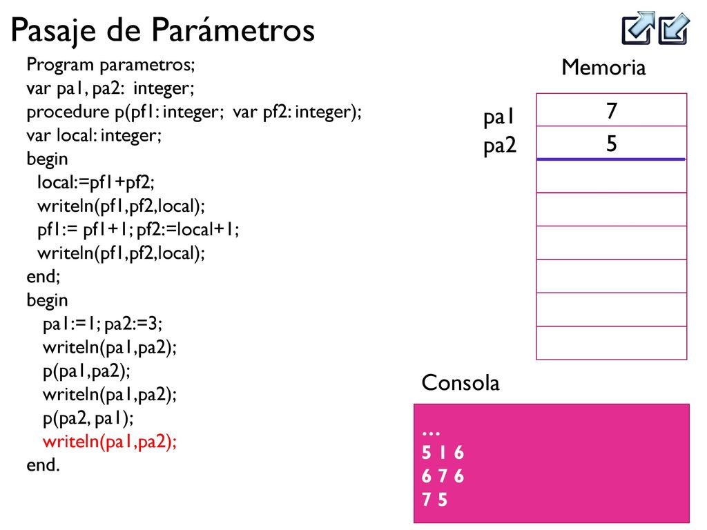 Memoria 7 pa1 pa2 5 Consola Program parametros; var pa1, pa2: integer;