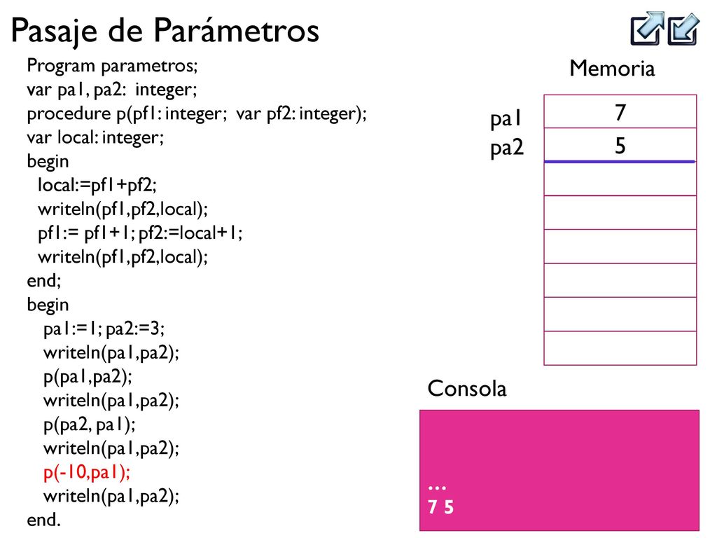 Memoria 7 pa1 pa2 5 Consola Program parametros; var pa1, pa2: integer;
