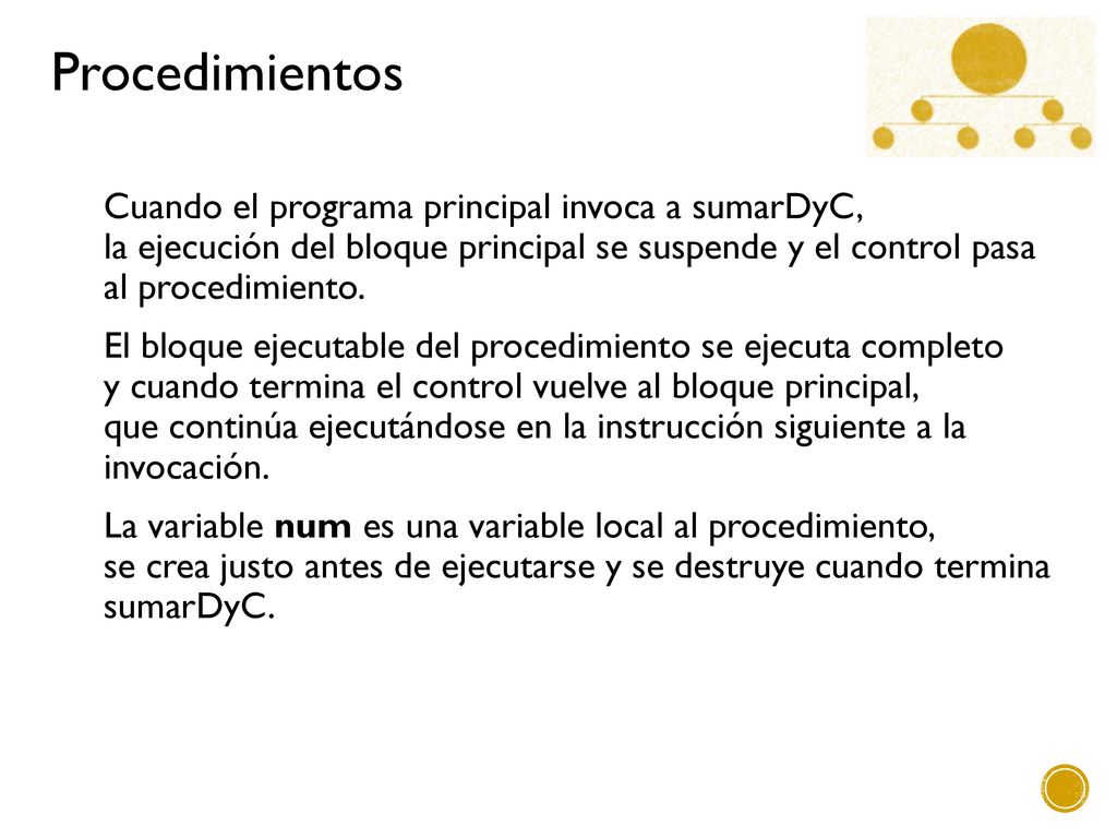 Cuando el programa principal invoca a sumarDyC, la ejecución del bloque principal se suspende y el control pasa al procedimiento.