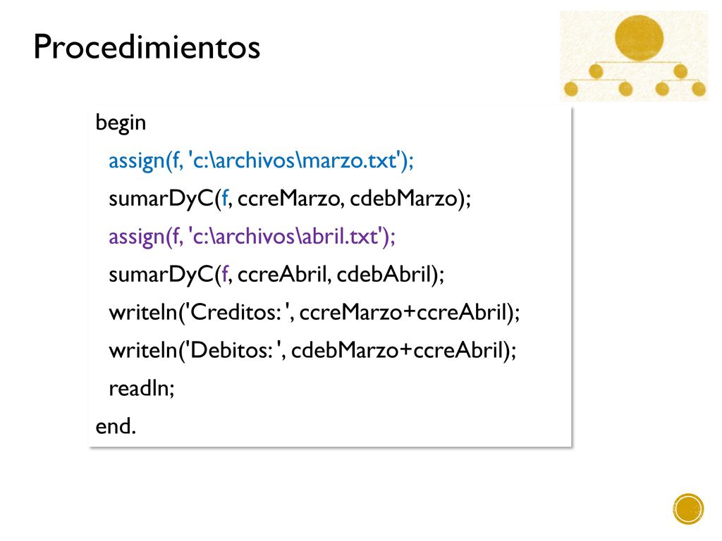 begin assign(f, c:\archivos\marzo.txt ); sumarDyC(f, ccreMarzo, cdebMarzo); assign(f, c:\archivos\abril.txt );