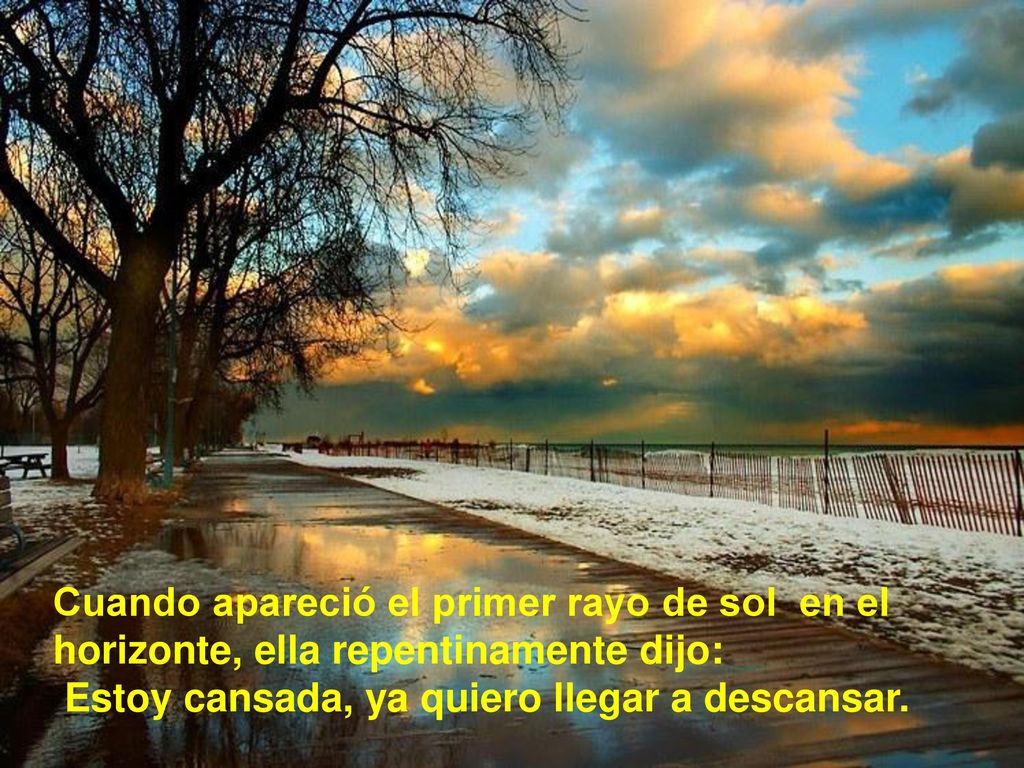 Cuando apareció el primer rayo de sol en el horizonte, ella repentinamente dijo: Estoy cansada, ya quiero llegar a descansar.