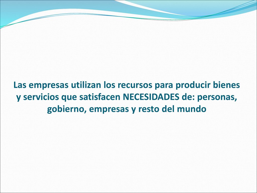 Las empresas utilizan los recursos para producir bienes y servicios que satisfacen NECESIDADES de: personas, gobierno, empresas y resto del mundo