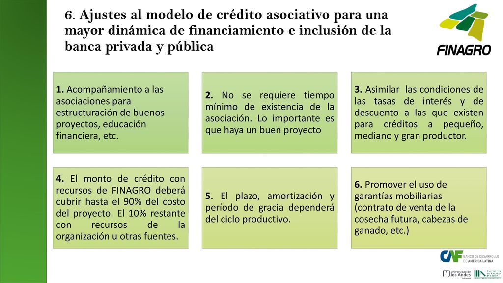 6. Ajustes al modelo de crédito asociativo para una mayor dinámica de financiamiento e inclusión de la banca privada y pública