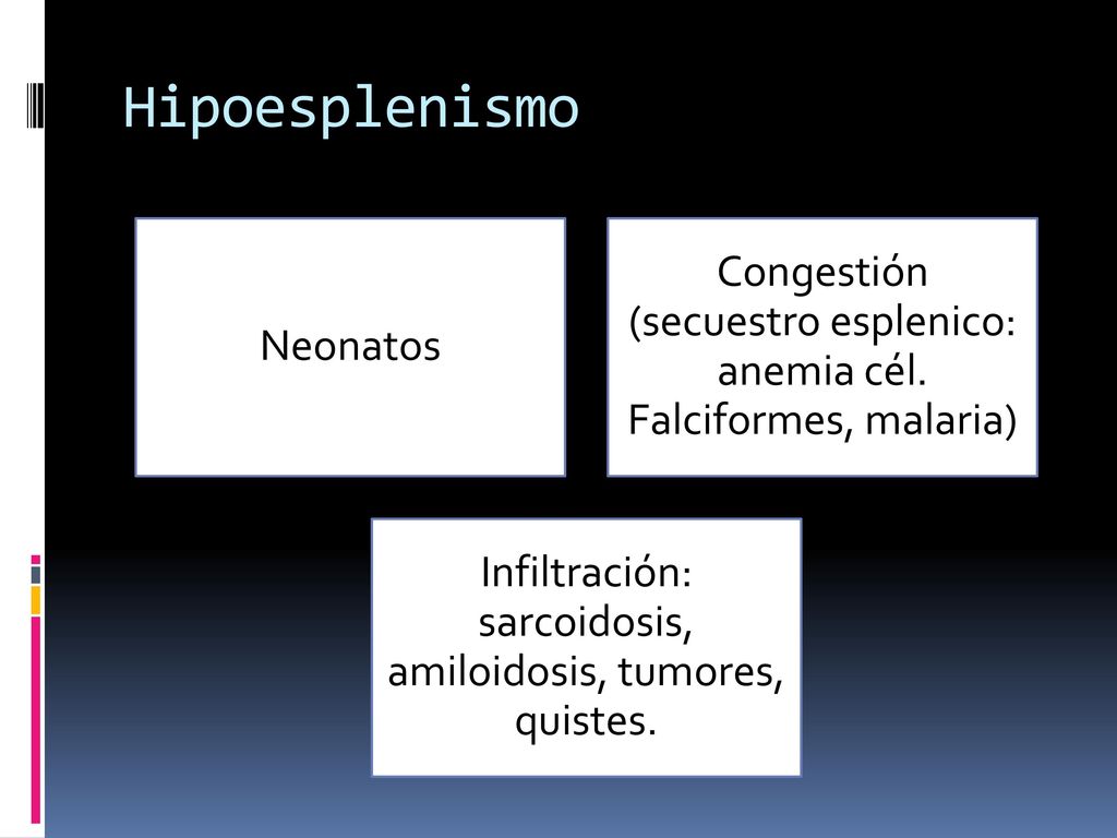 Hipoesplenismo Neonatos. Congestión (secuestro esplenico: anemia cél. Falciformes, malaria)